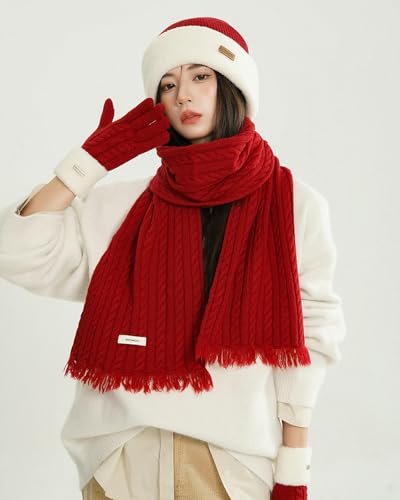 Set de gorro, bufanda y guantes rojos de lana para invierno 7