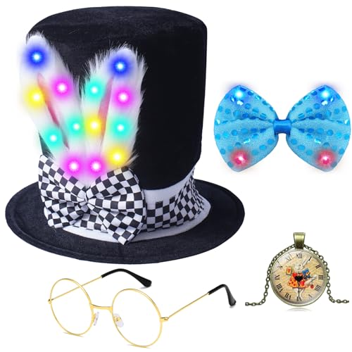 Hikkcos 4PCS Easter White Rabbit Costume Set Easter Bunny Top Hat Mad Hatter Costume for Easter & Halloween Bunny Cosplay