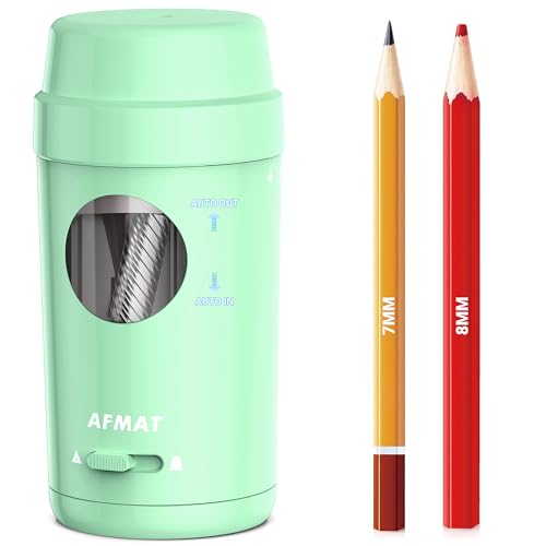 AFMAT Vollautomatischer Elektrischer Anspitzer, Wiederaufladbarer Bleistiftspitzer mit Behälter für 7-8mm Dicke und Dünne Stifte, Auto in&Out, Autostopp Elektrischer Spitzer für Haus,Büro,Schule,Grün
