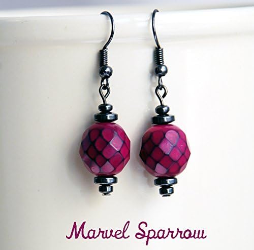 Fuchsia Rose Diamond Patterned Earrings, Hematite Stone, Purple, Magnetic Gunmetal, Dark Gray, Flower, Floral, Magenta, Redberry