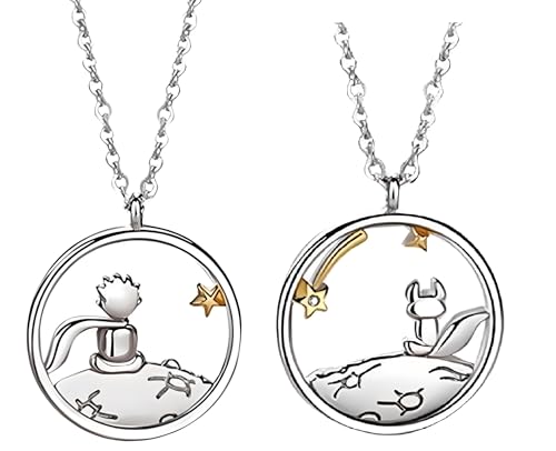 Unified Jewellery Lot de 2 colliers en alliage de zinc pour couple Petit Prince et renard – Pendentif rond argenté avec motif étoile filante, colliers...