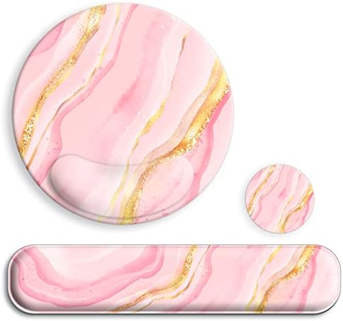 Mouse Pad Wrist Support Keyboard Wrist Rest with Coaster Set, Ergonomic Large Mouse Pad 9.45 inch, Mouse Pads for Desk, Cute Mousepad for Computer Gaming Home Office Decor-Pink Marble
