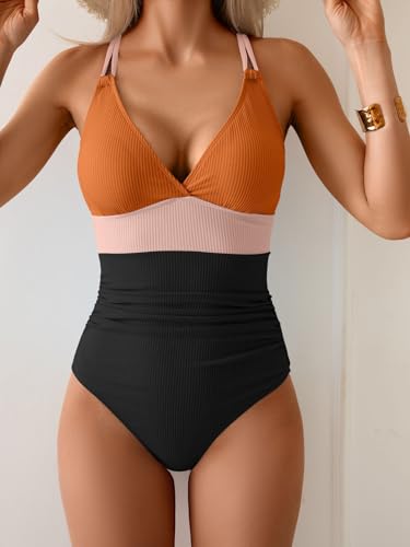Image of Aidonger Women's One Piece Color Block Swimsuit Tummy Control Slimming Bathing Suit V Neck Cutout High Waisted Swimwear