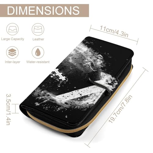 Women Soft PU Leather Wallet, Zipper Card Case Clutch Credit Bills Money Crash Coin 7.8x4.3x1.4 in Holder Purse Print Retro American Football In Fire And Ice Style On Black2