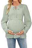 OUGES Womens Maternity Nursing Tops Tie Front Crew Neck Long Sleeve Breastfeeding Shirts Hidden Zipper Business Casual Fall Outfits Pregnancy Must Haves Work Clothes Office Blouse 2025(Gray Green,L)