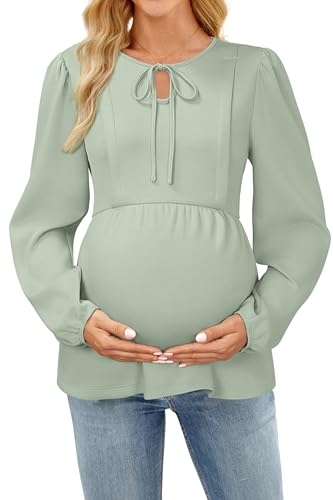 OUGES Womens Maternity Nursing Tops Tie Front Crew Neck Long Sleeve Breastfeeding Shirts Hidden Zipper Business Casual Fall Outfits Pregnancy Must Haves Work Clothes Office Blouse 2025(Gray Green,M)