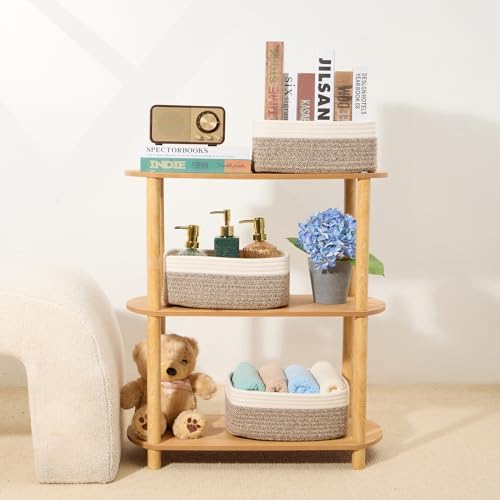 MiniArk Small Storage Baskets for Organizing | Closet Organizer Bins | Shelf Toy Basket | Woven Rope Baskets | Cube Decorative Box | Shallow Basket | 11.5x7.5x4.7” | 3 Packs White Brown