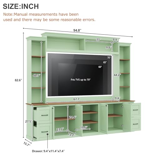 Image of 94.8 inchL Large Entertainment Center with Bookshelves and Drawers for TVs Up to 70'', Wall Unit Entertainment Center with Adjustable Shelves and Cabinet, Minimalist TV Stands for Living Room Mint Green