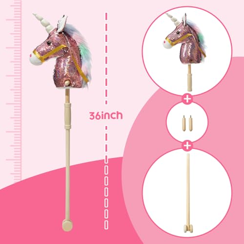 HollyHOME Sequin Unicorn Stick Horse Handcrafted Hobby Horse on a Stick with Wood Wheels Real Pony Neighing and Galloping Sounds Plush Unicorn Toy Pink 36 Inches(AA Batteries Required) - Image 3
