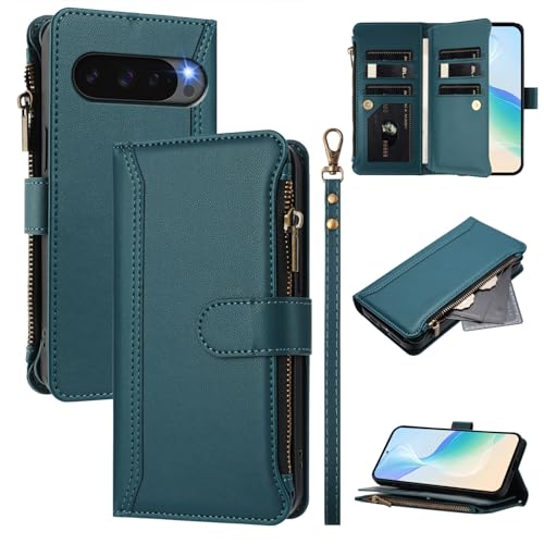 Compatible with Google Pixel 9 5G,Compatible with Google Pixel 9 Pro Cover,Flip Kickstand Double Card Slots Zipper Wallet Case Green