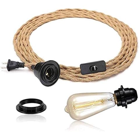 FRIDEKO HOME Pendelleuchte Kit mit Schalter - Vintage Lampenkabel mit 4.5M gedrehten Hanfseil E27 Lampenfassung Plug in DIY Hängende Leuchte für Farmhouse Home Loft - Ohne Glühbirne Cover