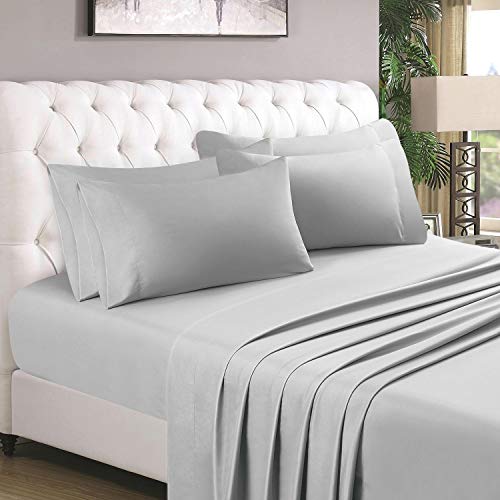 HOMEIDEAS 6 Piece Bed Sheet Set (King, Light Gray) 100% Brushed Microfiber 1800 Bedding Sheets - Deep Pockets