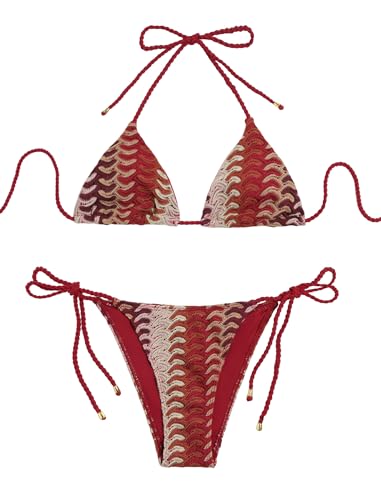 Image of ZAFUL 2 Piece Triangle Bikini for Women Knitted Rope Halter Bikini Sets Sexy Bathing Suit Side Tie Swimsuits Beachwear