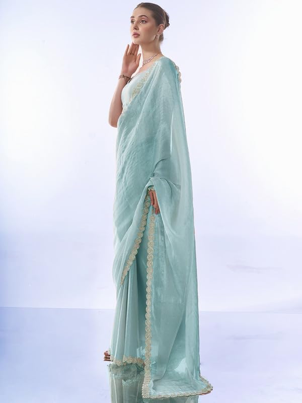 Image of ORHANS Women's Chiffon Saree with Unstitched Blouse Piece Solid Pattern and Laced Border | Lightweight Sarees for Woman | Plain Saris Daily Use | Womens Saree Modern Pattern| Stylish Saree