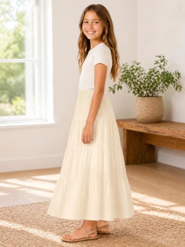 Image of Girls Tiered Maxi Skirt Boho Flowy Peasant Long Skirt for Kid 7-14