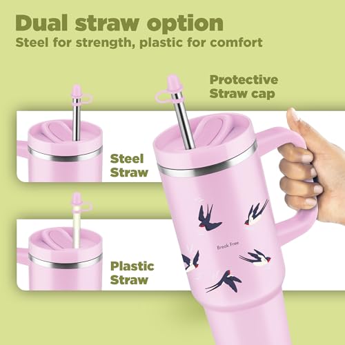 Image of MILTON Malmo 1200 Thermosteel Double Wall Vacuum Insulated Stainless Steel Tumbler with Handle 1100ml, Travel Mug with Straw,Silicon Cap,Cleaning Brush,Hot & Cold Beverage Flask,Birds Pink