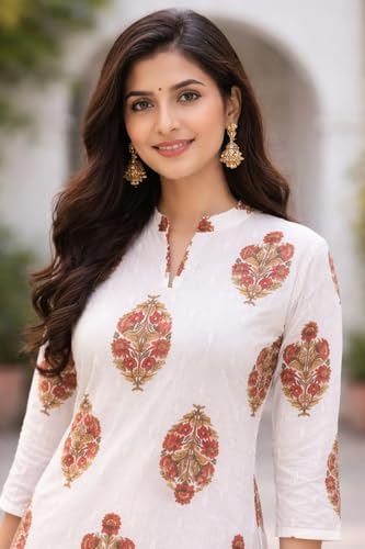 Image of Women's Cotton Floral Print Kurta Patiala Pant Set, White and Purple Traditional Indian Ethnic Wear with Damask Pattern