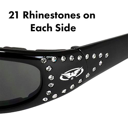 Set Of 2 Women Motorcycle Padded Sunglasses Glasses Clear And Smoked Rhinestones With Vented Eva Foam Padding Uv400 Filter For Maximum Uv Protection #TOP3