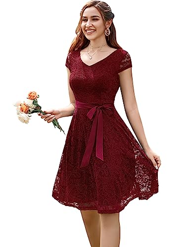 Berylove Mujer Encaje Corto Vestido Dama De Honor con Cinturón Escote V Vestido Cóctel Rojo Oscuro L