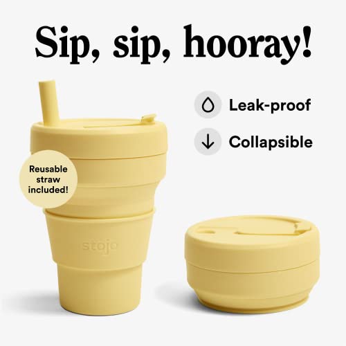 STOJO Jr Collapsible Travel Cup with Straw for Kids - Mimosa Yellow, 8oz / 250ml - Leak-Proof Reusable To-Go Pocket Size Silicone Bottle for Hot & Cold Drinks - Camping & Hiking - Dishwasher Safe