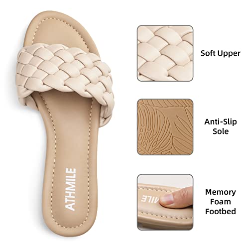 Image of ATHMILE Braided Sandals for Women, Open Toe Flat Summer Slides, Nude Sandal | Woven braided upper with round open toe design, lightweight flat style for beach trips, vacations, and summer outfits.