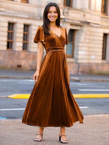 Image of Simplee Women's Velvet Maxi Dress V Neck Short Sleeve Empire Waist Semi Formal Long Cocktail Dresses