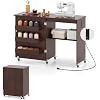 Giantex Folding Sewing Table with Charging Station, Rolling Craft Table with Storage Trays & Shelf, Foldable Sewing Machine Cabinet Desk with Lockable Wheels for Small Spaces (Dark Walnut)