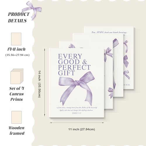 Image of LARTSFRO Coquette Purple Bow Canvas Wall Art Decor Prints Posters, Purple Bow Room Bedroom Bathroom Dorm Wall Art Decor Aesthetic for College Teen Girls Gifts, Inspirational Bible Verses Bow Wall Decor, 11x14 Inch Set of 4 Pcs Bow Pictures (Canvas Framed 11X14)