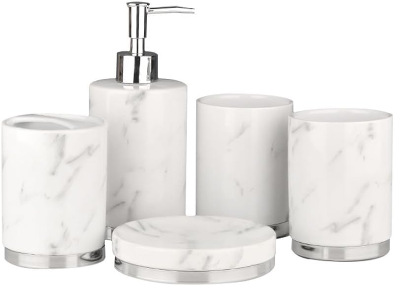 Marble Patterned Ceramic Bathroom Set of Five Toothbrushes and Mouthwash Cups