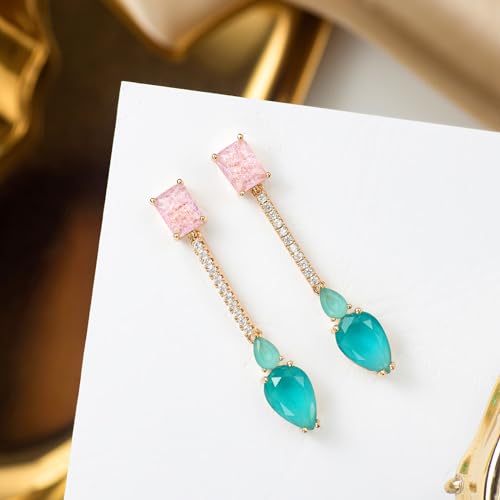 Crystal Teardrop Dangle Drop Earrings for Women Rhinestone Cubic Zirconia Birthstone Pink Blue Chandelier Earrings for Mom Wife Prom2