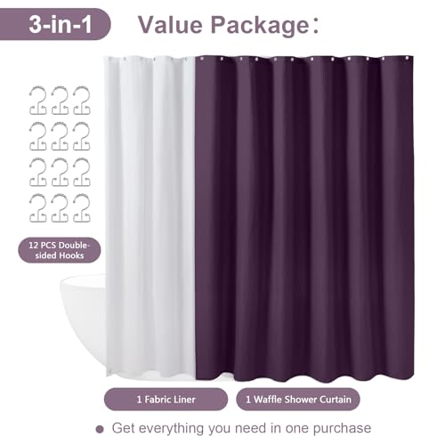 FY&XZH Waffle Shower Curtain Set with Waterproof Fabric Liner and 12 Stainless Steel Hooks Double Sided for Bathroom, 3 in 1 Heavy Duty Polyester Shower Curtain, Machine Washable, 72"x 72"(Purple) by FY&XZH - Image 4
