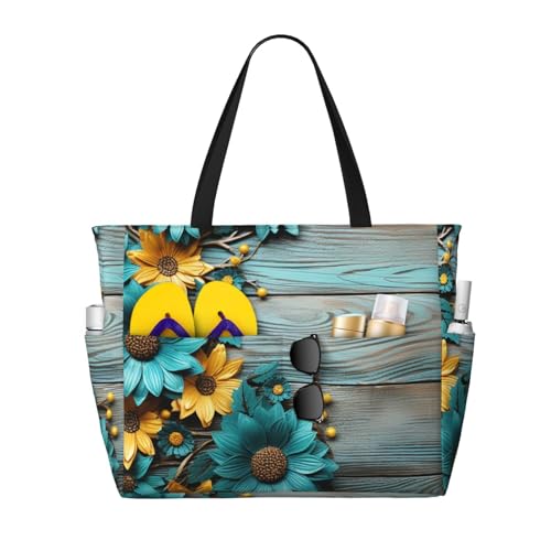 Sunflower Teal Beach Bag Vintage Wooden Board Pool Bag for Women Waterproof Large Travel Tote with Zipper Organizer for Swimming Vacation Essentials