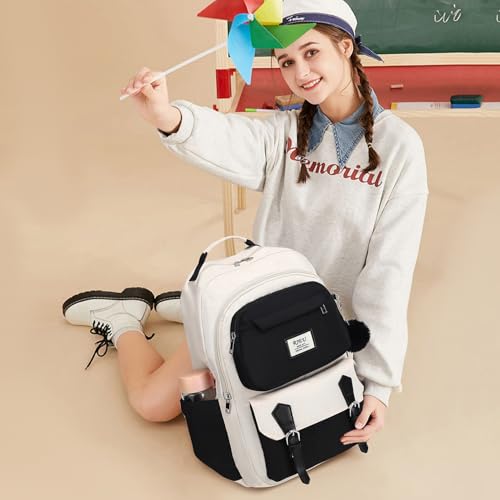 School Backpack for Teen Girls,15.6in Laptop Backpack Kids Backpack for Middle School College Students,Cute Bookbag for Women,Black Beige by RJEU - Image 5