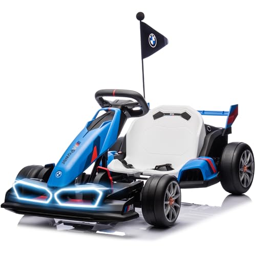 JoyWheels 36V Licensed BMW Electric Go Kart, 7.5 MPH Drift Kart with 600W Motor, Outdoor Driftable Kids Race Pedal Go Karting Car w/Adjustable Seat, Lights, for 6 Years Old, Blue