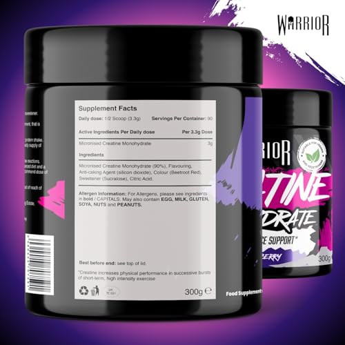 Warrior Creatine Monohydrate Powder 300g (90 Servings) – Pure Micronised Creatine Powder Supplement for Men & Women, Pre & Post Workout Strength, Muscle Growth & Recovery, Vegan – Blazin Berry - Image 2