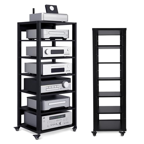 FASDRESS 7-Tier Audio Rack Tower, Heavy Duty HiFi Amplifier Stand, Adjustable AV Media Component Cabinet with Wheel, Stereo Receiver & CD Player Display Rack for Home Theater Equipment