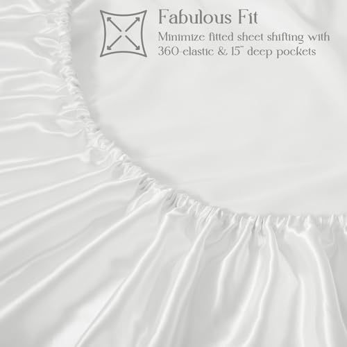 Image of Homiest White King Ruffle Pillowcase & Satin Fitted Sheet Set 3Pcs | Silky Satin Protects Hair And Skin, 15-Inch Deep Pocket, Pearlescent Crisp Clean Sheen, Easy Machine Wash Care