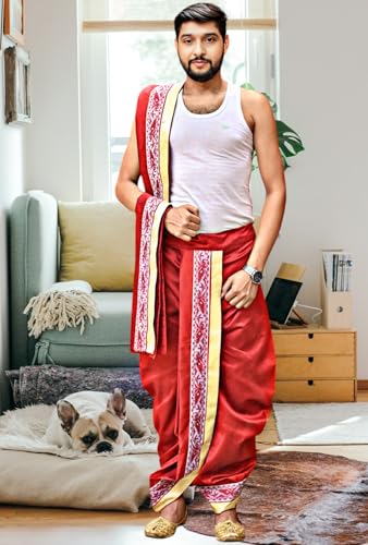 Image of Men's Ethnic | Traditional Ready to wear (Pant System) Readymade Panchakacham Dhoti With Angavastram(Towel) Set, Tassar Silk, Free Size (GC002)