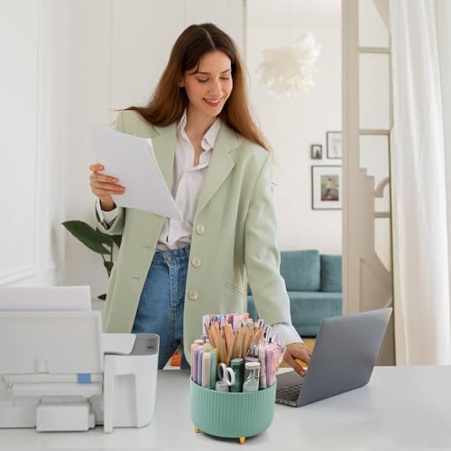 Image of SKYDUE 360 Degree Rotating Desk Organizer, Dual-Purpose Pencil Pen Holder for Desktop, Rotating Desk Pen Organizer with 5 Slots, Pencil Cup for School, Home, Office Supplies (Bean Green)