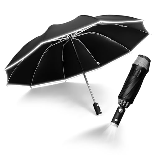 Regenschirm, Regenschirm Reflektierend, regenschirm mit licht, Taschenschirm mit Schirmtasche, 10 Rippen, Automatik auf und zu, Sturmfest, Reflektierend, Sonnenschutz,...