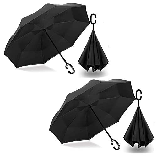 Image of MRTLLOA 40 /49 /56 Inch Oversize Windproof Inverted Reverse Upside Down Umbrella, Golf Size Rain Umbrella, Double Layer, C-Shaped Handle for Men, Women and Kids (Black-2 Pack, 49 Inch)