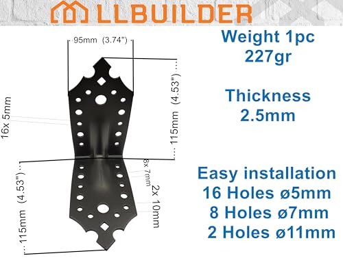 Pack of 4pcs Black Right Angle Brackets 90 Degree Decorative Metal Corner Brace Joint Heavy Duty Powder Coated Ornamental L Shaped Repair Steel Sheet Big Size: 115mm x 115mm x 95mm (4.5"x4.5"x3.7") - Image 2