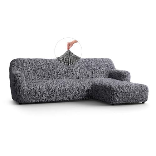 PAULATO - Funda Sofá Chaise Longue Derecha (Vista de Frente) en Terciopelo, Tejido Bielástico Antiarañazos Lavable en Lavadora, Certificado Oeko-Tex, Color Grafito - Made in Italy