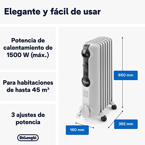 Radiador de aceite De'Longhi Radia S visto de lado, con las 7 aletas y las ruedas giratorias