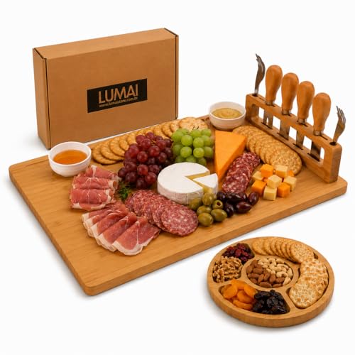 LUMAI Kit Tábua Grande Para Queijos e Frios de Bambu Premium Polimento Duplo + Petisqueira - Suporte Magnético - Tabua para Servir de 40cm x 29,5cm - Qualidade para Receber em Casa Familia e Amigos