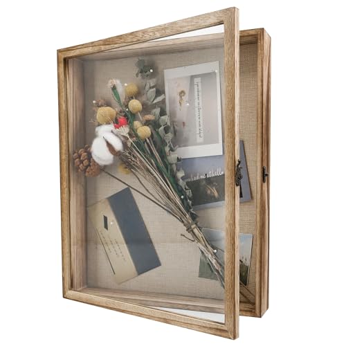 Image of GraduationMall 13x16 Shadow Box Frame Solid Wood Glass Door Display Case with Linen Back and 6 Stick Pins,1.5 inches Interior Depth,Ideal for Memorabilia Pictures Flowers Medals Tickets