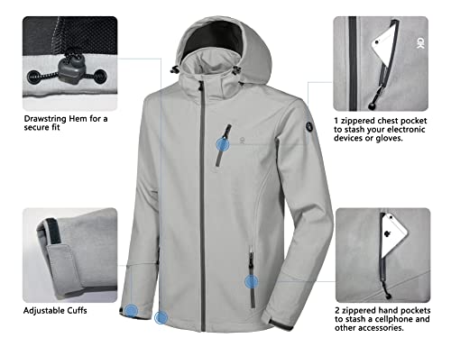 Little Donkey Andy Men's Softshell Jacket Ski Jacket With Removable Hood, Fleece Lined And Water Repellent Light Gray Heather Size M #TOP5
