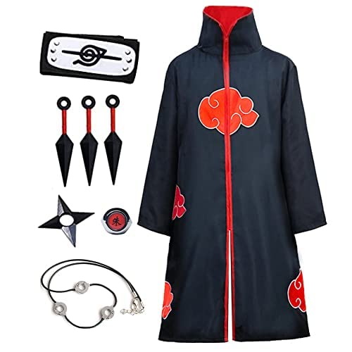Akatsuki Cloak Kids Itachi Long Black Unisex Robe Capes Halloween Cosplay for Anime Costume with Headband Ring Necklace