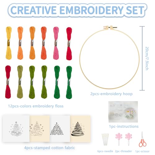 Image of FREEBLOSS 4 Set 20cm Christmas Tree Embroidery Kit Cross Stitch Kit with Stamped Christmas Pattern Embroidery Kit for Beginners Instructions Included Embroidery Starter Kit for Adults