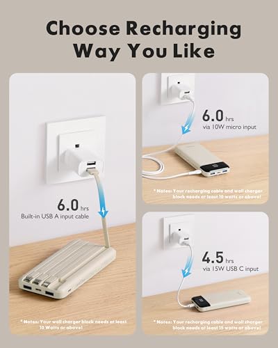 Image of charmast Portable Charger with Built in Cables, Power Bank with Cords Wires, Slim 10000mAh Travel Battery Pack 6 Outputs 3 Inputs 3A Fast Charging for Samsung Google Pixel LG Moto iPhone iPad